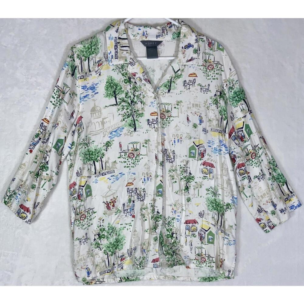 Koret Top Blouse Womens L Button Up 3/4 Sleeve Trees Sail Cafe City Park Nature